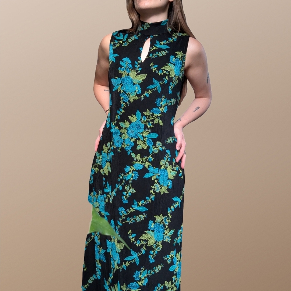 90s Vintage Coldwater Creek Slinky Floral Maxi Dress w/ Asian Keyhole Neckline 6